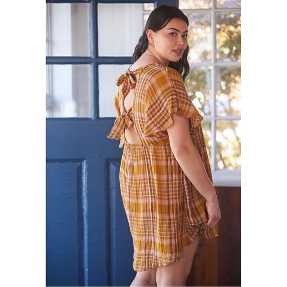 NEW Anthropologie Gauzy Plaid Cotton Flutter-Sleeve Babydoll Mini Dress Large - Picture 7 of 8